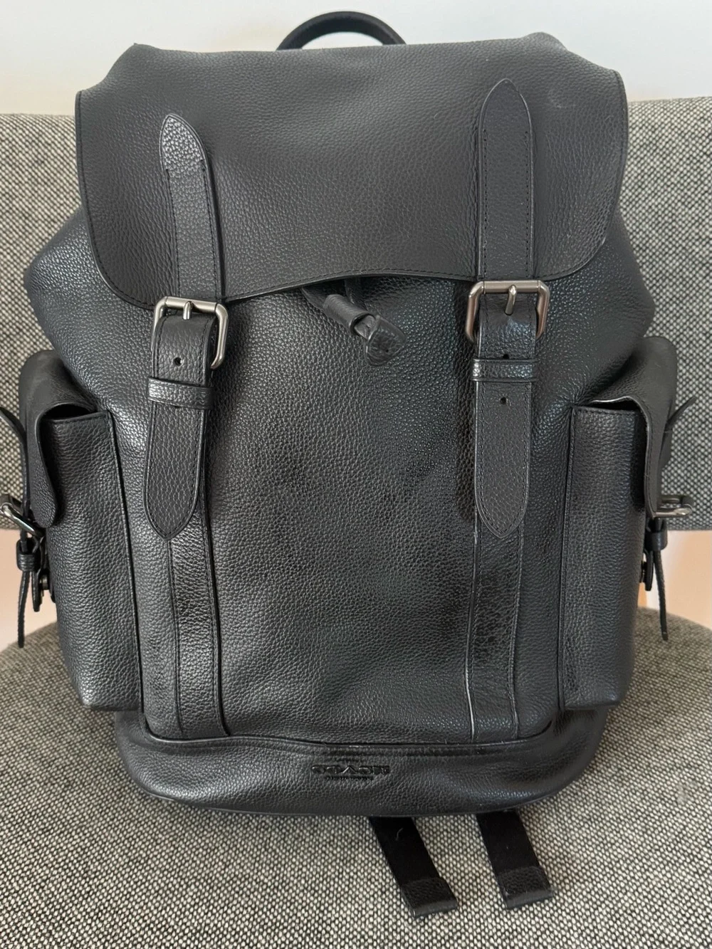 Coach Men's Black Pebbled Leather Drawstring Backpack